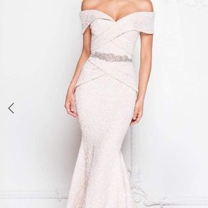 Terani Couture-1812M6657 Off-Shoulder Brocade Gown